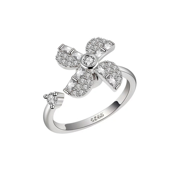 S925 Sterling Silver Rotating Windmill Open Ring For Women Elegant Adjustable Spinner Statement Jewelry