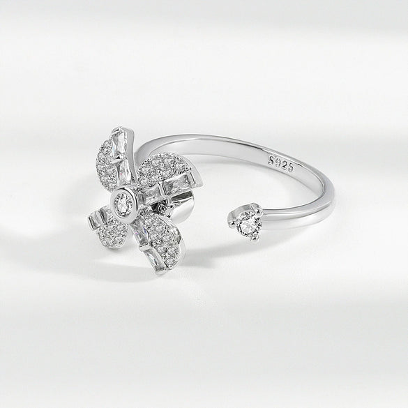 S925 Sterling Silver Rotating Windmill Open Ring For Women Elegant Adjustable Spinner Statement Jewelry