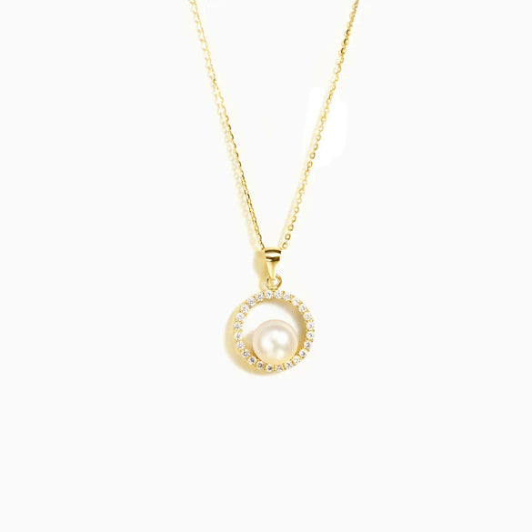 S925 Sterling Silver Round Diamond Pearl Ochain Necklace For Women Geometric Style Electroplated