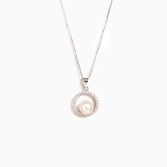 S925 Sterling Silver Round Diamond Pearl Ochain Necklace For Women Geometric Style Electroplated