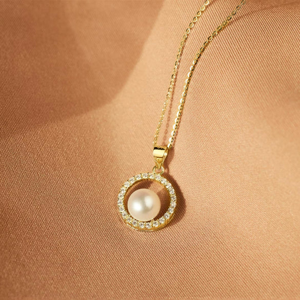 S925 Sterling Silver Round Diamond Pearl Ochain Necklace For Women Geometric Style Electroplated