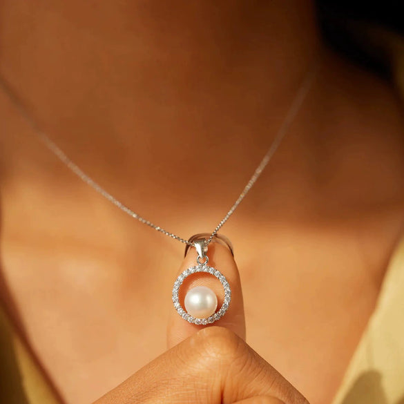 S925 Sterling Silver Round Diamond Pearl Ochain Necklace For Women Geometric Style Electroplated