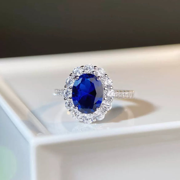 S925 Sterling Silver Sapphire Ring Female Pigeon Egg Geometric Light Luxury Electroplated