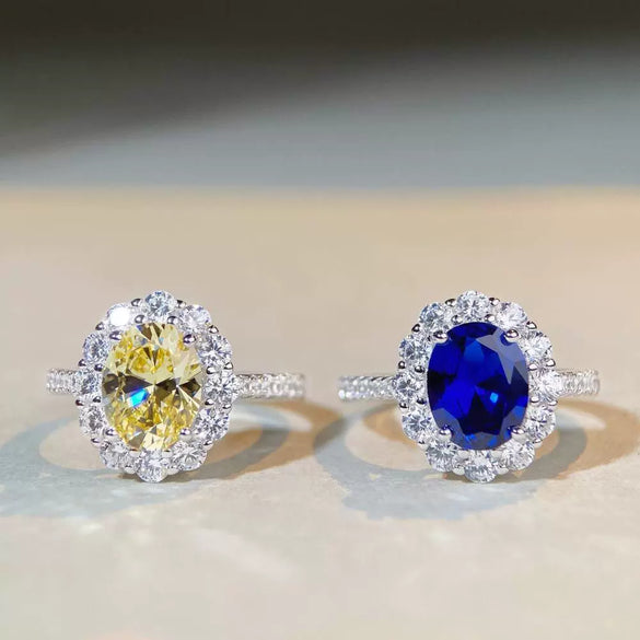 S925 Sterling Silver Sapphire Ring Female Pigeon Egg Geometric Light Luxury Electroplated