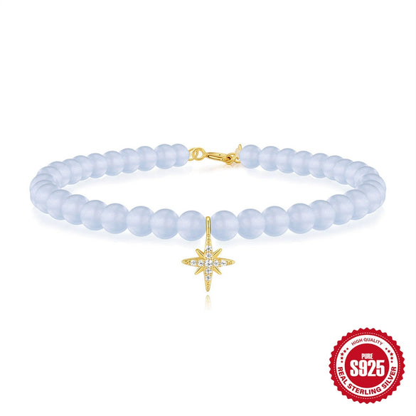 S925 Sterling Silver Sea Blue Chalcedony Handmade Beaded Star Shape Electroplated Women's Bracelet