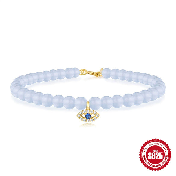 S925 Sterling Silver Sea Blue Chalcedony Handmade Beaded Star Shape Electroplated Women's Bracelet