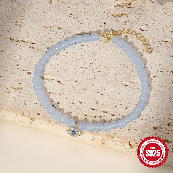 S925 Sterling Silver Sea Blue Chalcedony Handmade Beaded Star Shape Electroplated Women's Bracelet