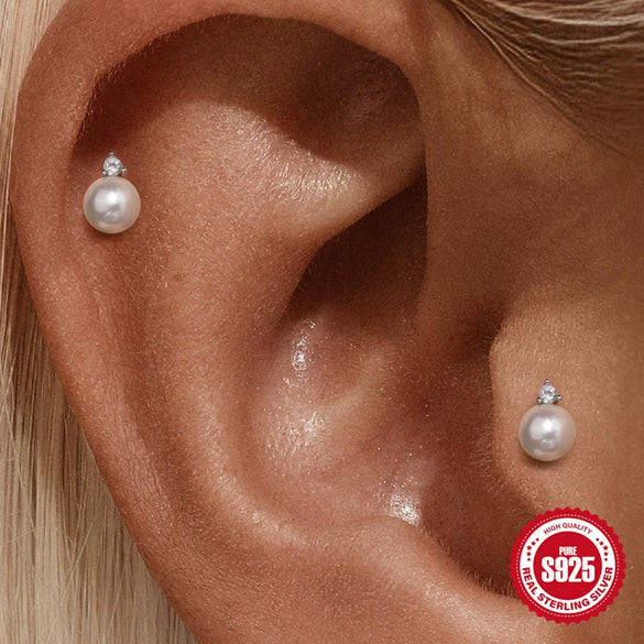 S925 Sterling Silver Simple All Match Pearl Diamond Women's Earrings In Horizontal Curved Smile Shape With Zirconia Design