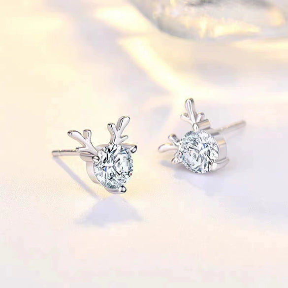 S925 Sterling Silver Simple Elk Animal Earrings With White Stone Inlay Light Luxury Fashion Jewelry For Women