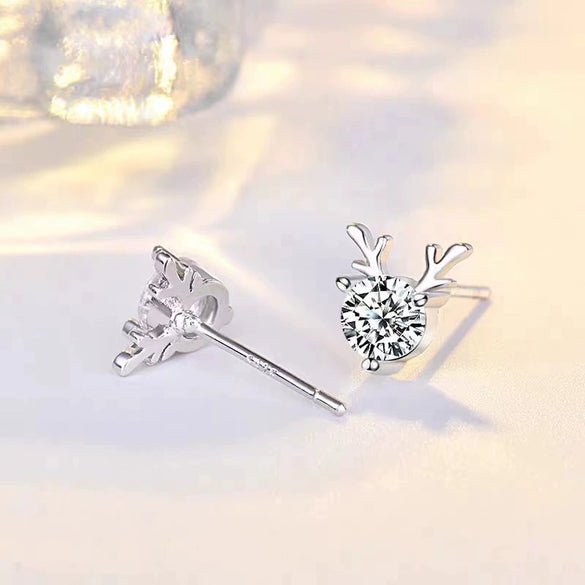 S925 Sterling Silver Simple Elk Animal Earrings With White Stone Inlay Light Luxury Fashion Jewelry For Women