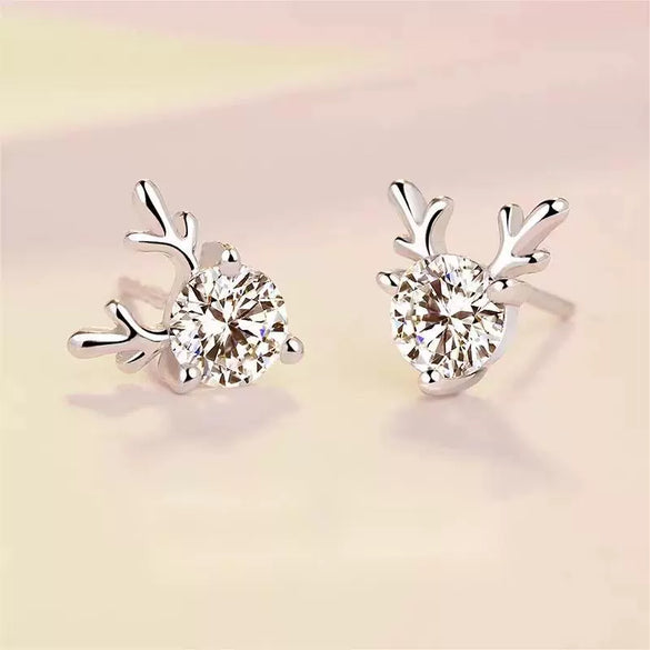 S925 Sterling Silver Simple Elk Animal Earrings With White Stone Inlay Light Luxury Fashion Jewelry For Women