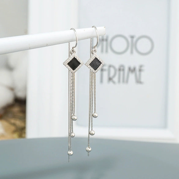 S925 Sterling Silver Simple Geometric Black Square Ear Line Long Tassel Earrings For Women Elegant Fashion Jewelry