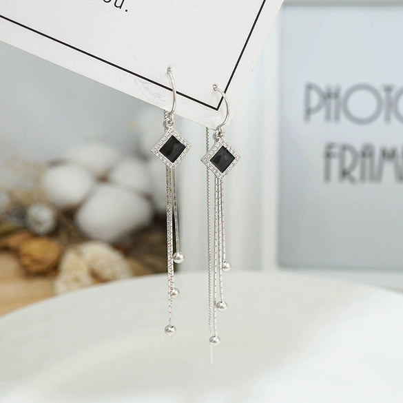 S925 Sterling Silver Simple Geometric Black Square Ear Line Long Tassel Earrings For Women Elegant Fashion Jewelry