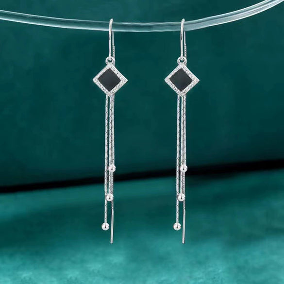 S925 Sterling Silver Simple Geometric Black Square Ear Line Long Tassel Earrings For Women Elegant Fashion Jewelry