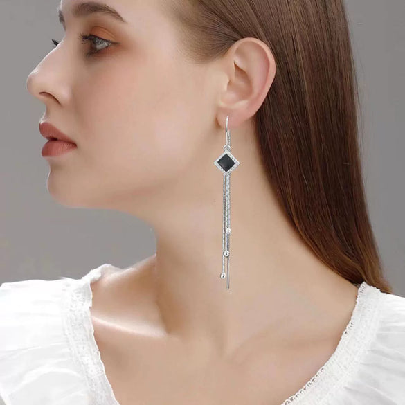 S925 Sterling Silver Simple Geometric Black Square Ear Line Long Tassel Earrings For Women Elegant Fashion Jewelry