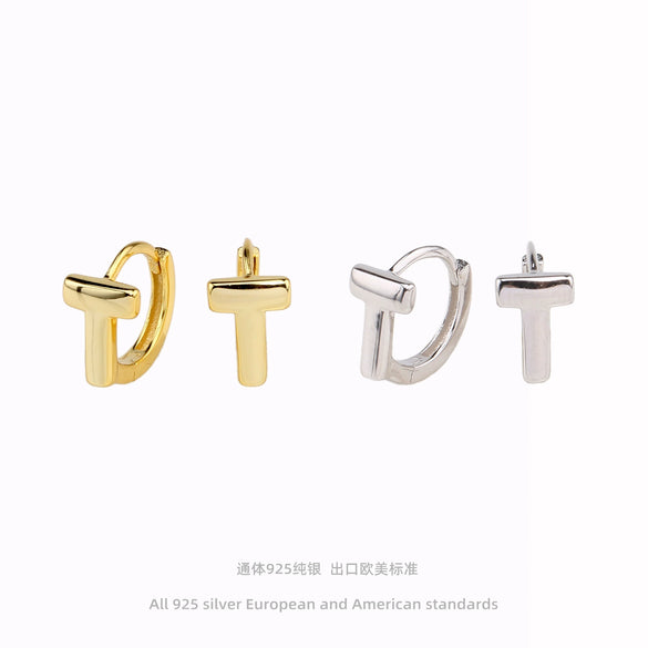 S925 Sterling Silver Simple Letter Tshaped Electroplated Women's Earrings
