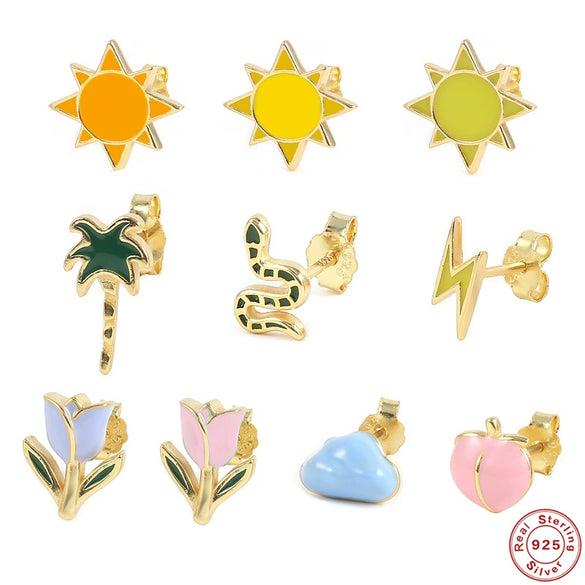 S925 Sterling Silver Single Drop Earrings With Cloud Lightning Tulip Palm Tree Design Electroplated