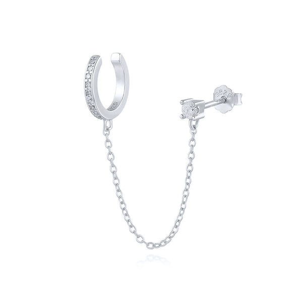 S925 Sterling Silver Single Row Diamond Ear Clip Tassel Single Diamond Ear Nail Chain Geometric Modified Face Ear Buckle