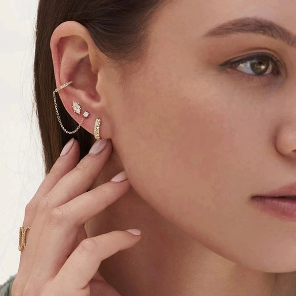 S925 Sterling Silver Single Row Diamond Ear Clip Tassel Single Diamond Ear Nail Chain Geometric Modified Face Ear Buckle
