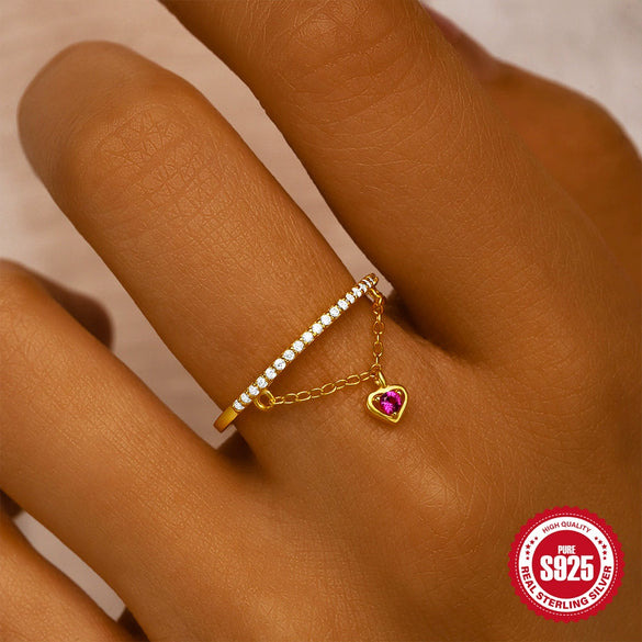 S925 Sterling Silver Single Row Diamondencrusted Chain Tassel Love Open Ring With Real Gold Electroplating For Women
