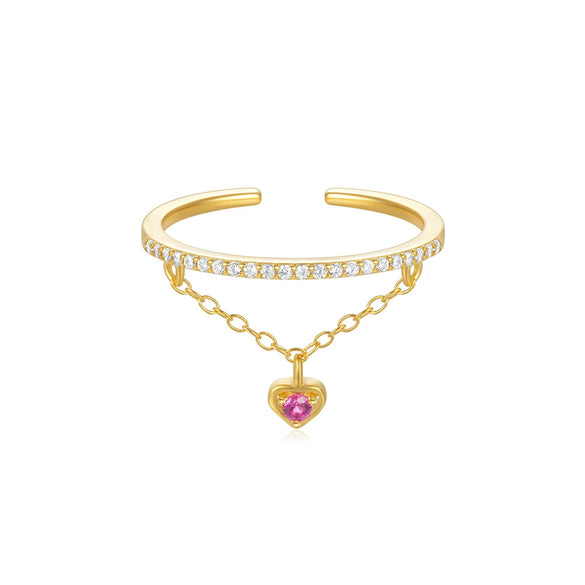 S925 Sterling Silver Single Row Diamondencrusted Chain Tassel Love Open Ring With Real Gold Electroplating For Women