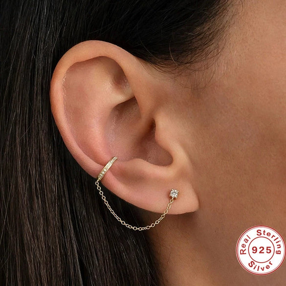 S925 Sterling Silver Single Row Diamondencrusted Nonhole Ear Clip Tassel Single Diamond Earrings Geometric Stylish Trendy Ear Buckle Earrings