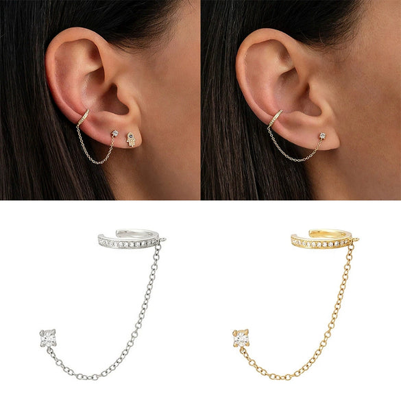 S925 Sterling Silver Single Row Diamondencrusted Nonhole Ear Clip Tassel Single Diamond Earrings Geometric Stylish Trendy Ear Buckle Earrings