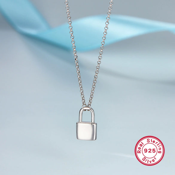 S925 Sterling Silver Solid Lock Necklace With Electroplating Simple Light Luxury Niche High Grade Clavicle Chain For Women