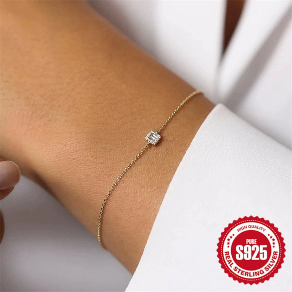 S925 Sterling Silver Square Zircon Elegant Inlay Electroplated Women's Hand Jewelry Bracelet