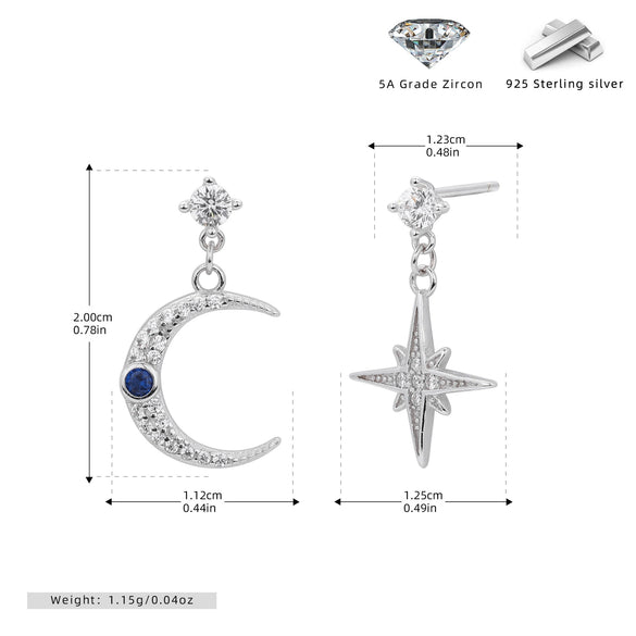 S925 Sterling Silver Star And Moon Inlaid Zircon Earrings For Women