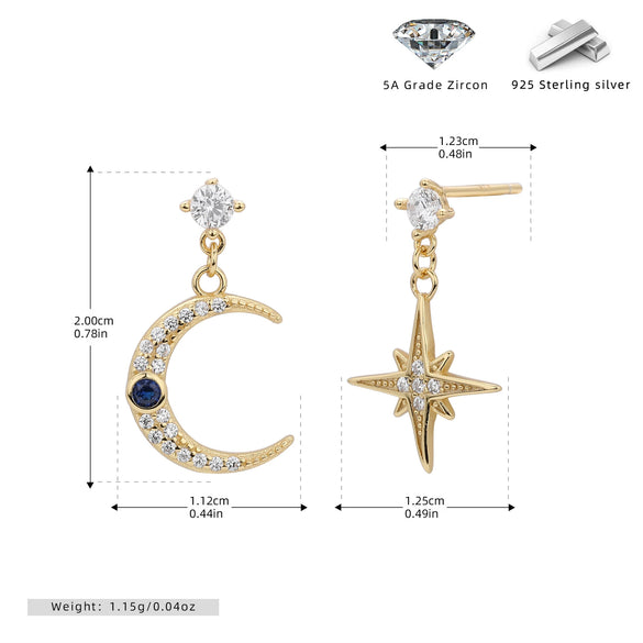 S925 Sterling Silver Star And Moon Inlaid Zircon Earrings For Women