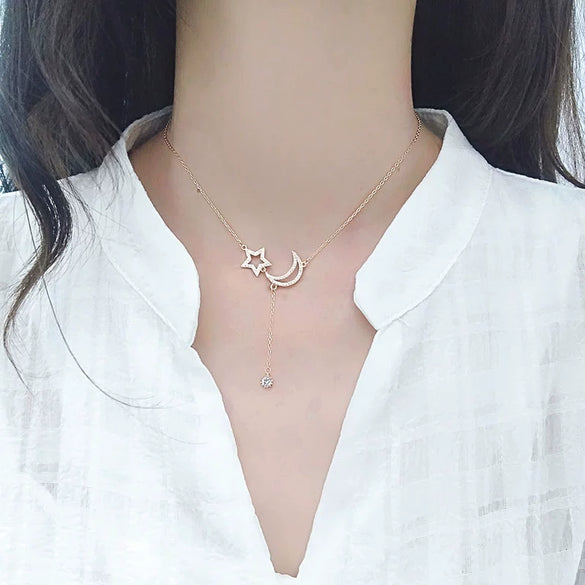 S925 Sterling Silver Star And Moon Tassel Clavicle Necklace With Mixed Gem Inlay Electroplated Cross Chain Pendant Jewelry