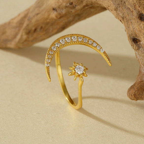 S925 Sterling Silver Star Embrace Moon Microinlay Ring Unisex