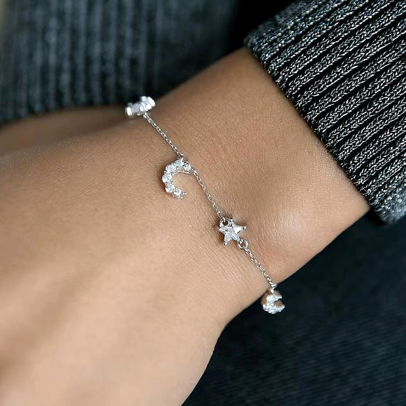 S925 Sterling Silver Star Moon Bracelet With Zircon Inlay For Women Fresh Sweet Light Luxury Elegant High End Design