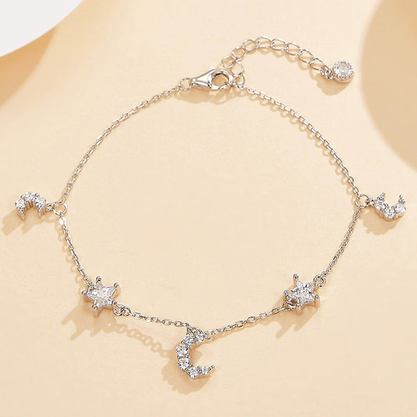 S925 Sterling Silver Star Moon Bracelet With Zircon Inlay For Women Fresh Sweet Light Luxury Elegant High End Design