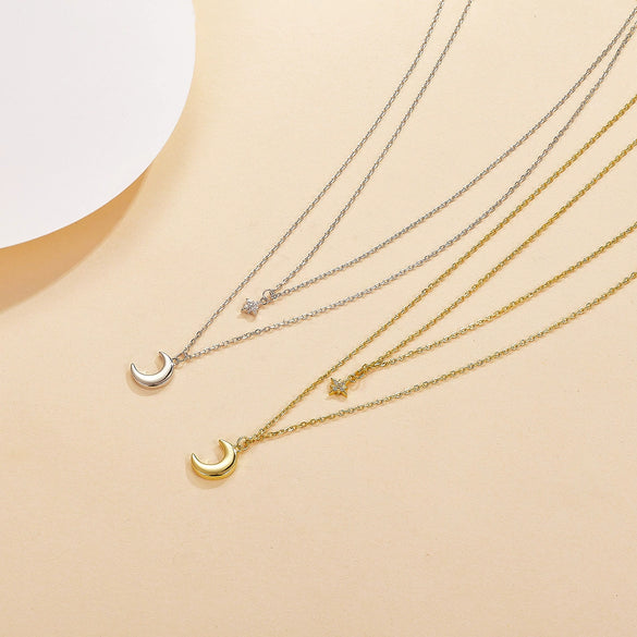 S925 Sterling Silver Star Moon Double Clavicle Chain Necklace With Zirconia For Women Sweet Gentle Elegant Style