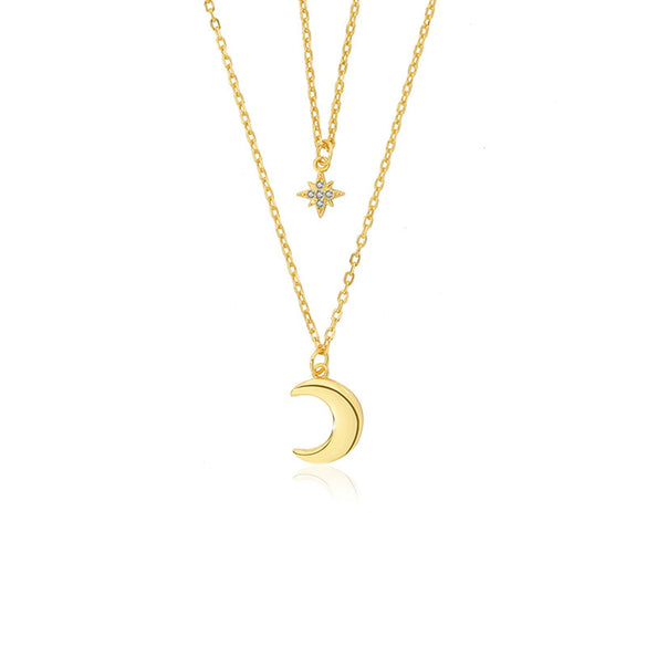 S925 Sterling Silver Star Moon Double Clavicle Chain Necklace With Zirconia For Women Sweet Gentle Elegant Style