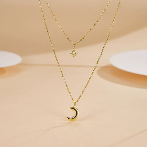 S925 Sterling Silver Star Moon Double Clavicle Chain Necklace With Zirconia For Women Sweet Gentle Elegant Style