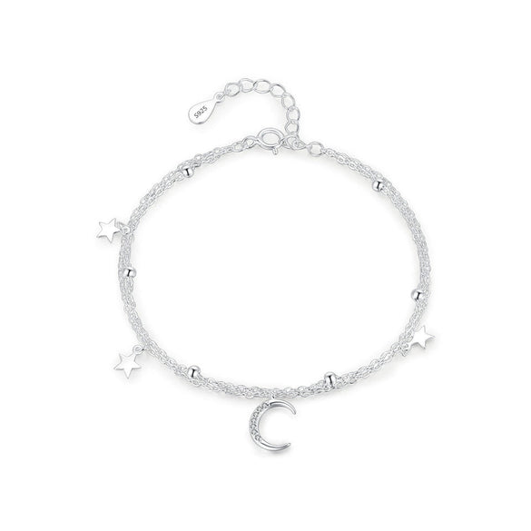 S925 Sterling Silver Star Moon Double Layer Stacked Elegant Beaded Bracelet For Women With Electroplating