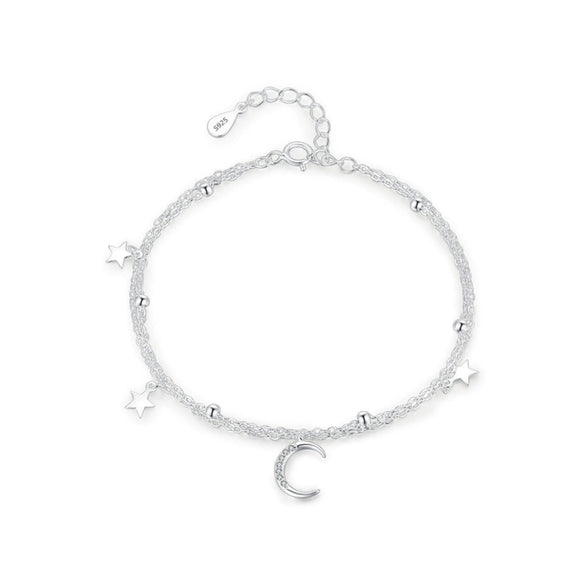 S925 Sterling Silver Star Moon Double Layer Stacked Elegant Beaded Bracelet For Women With Electroplating