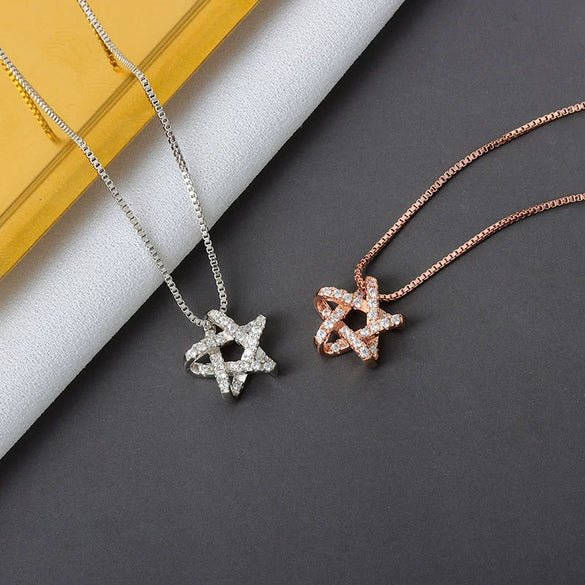 S925 Sterling Silver Star Pendant Necklace With Mixed Gem Inlay Electroplated Full Diamond Look Box Chain Clavicle Necklace