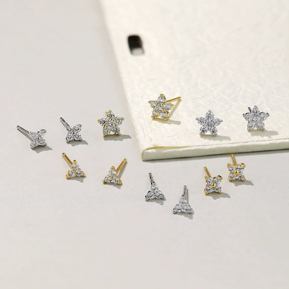 S925 Sterling Silver Star Stud Earrings With Flower And Geometric Pattern And Micro Inlaid Zircon Elegant Light Luxury Ins Style