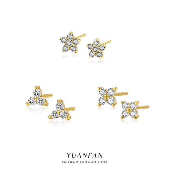 S925 Sterling Silver Star Stud Earrings With Flower And Geometric Pattern And Micro Inlaid Zircon Elegant Light Luxury Ins Style