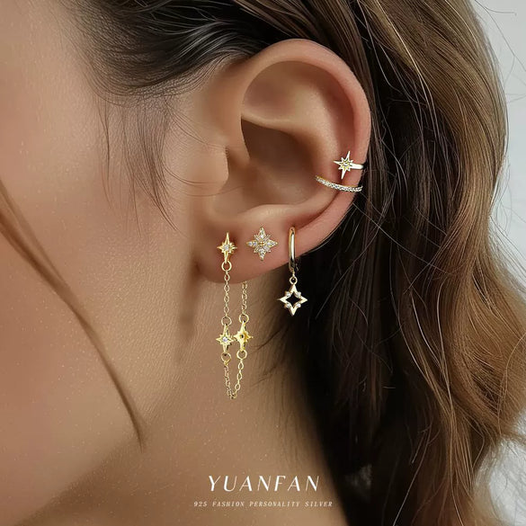 S925 Sterling Silver Star Tassel Chain Earrings For Women With Zircon Design