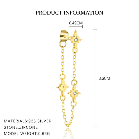 S925 Sterling Silver Star Tassel Chain Earrings For Women With Zircon Design