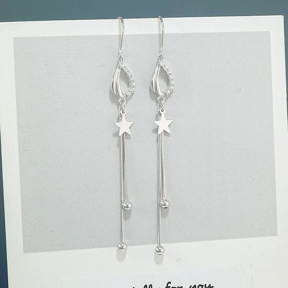 S925 Sterling Silver Star Tassel Earrings Round Face Slim Fashion Temperament Long Drop Earrings For Women