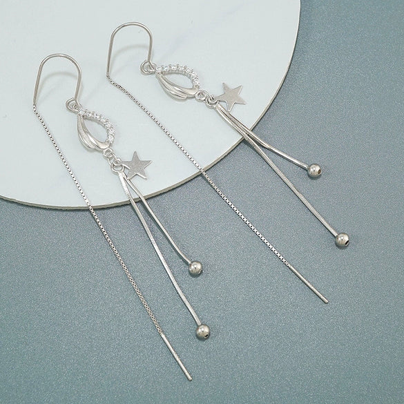 S925 Sterling Silver Star Tassel Earrings Round Face Slim Fashion Temperament Long Drop Earrings For Women