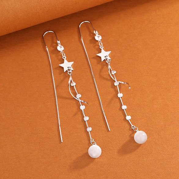 S925 Sterling Silver Star Tassel Earrings With Cat's Eye Stone Long Fashion Drop Earrings