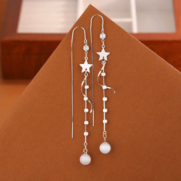 S925 Sterling Silver Star Tassel Earrings With Cat's Eye Stone Long Fashion Drop Earrings