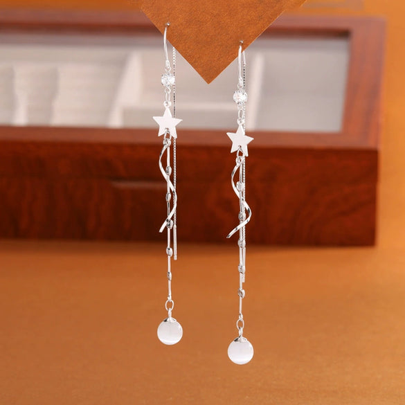 S925 Sterling Silver Star Tassel Earrings With Cat's Eye Stone Long Fashion Drop Earrings